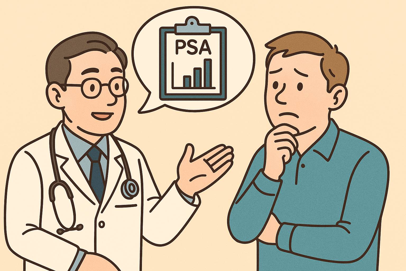 Urologe erklärt einem Patienten den PSA-Wert und moderne Vorsorgemöglichkeiten